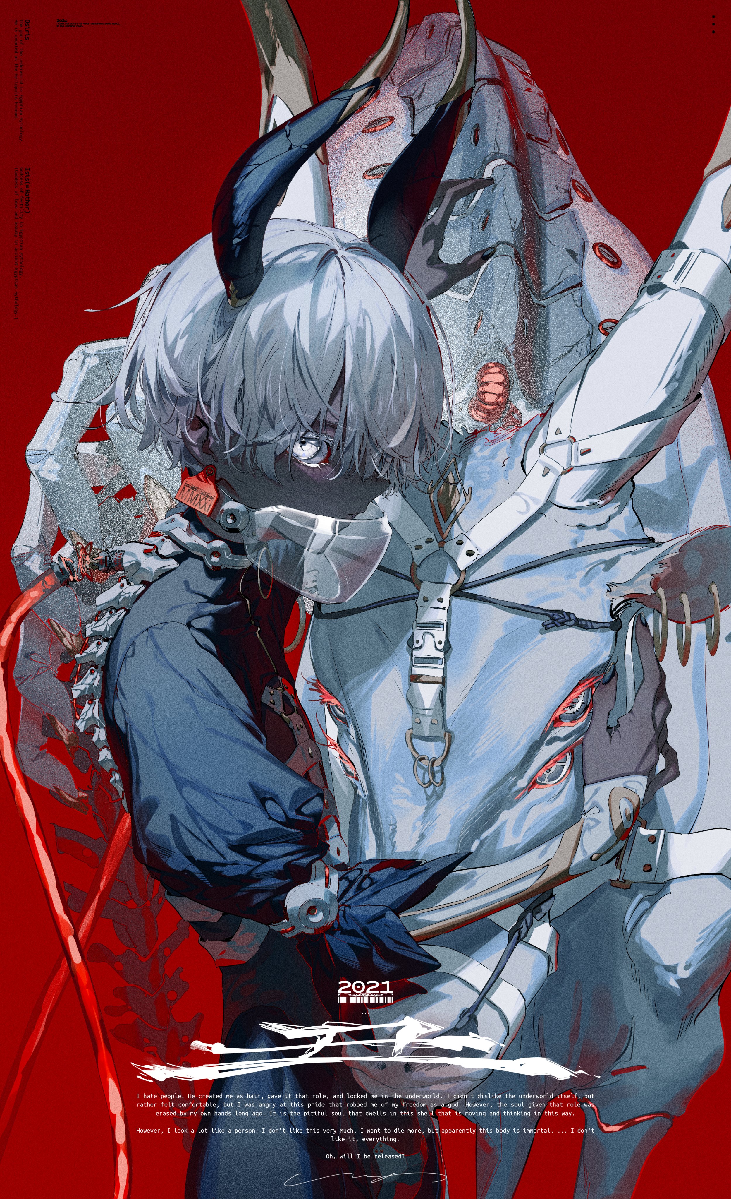 a digital art piece with anime style featuring a humanoid character with white hair and horns, wearing a mask and a white and blue jacket, holding the shoulder of a white creature with multiple eyes and strange appendages. the backdrop is a deep red.