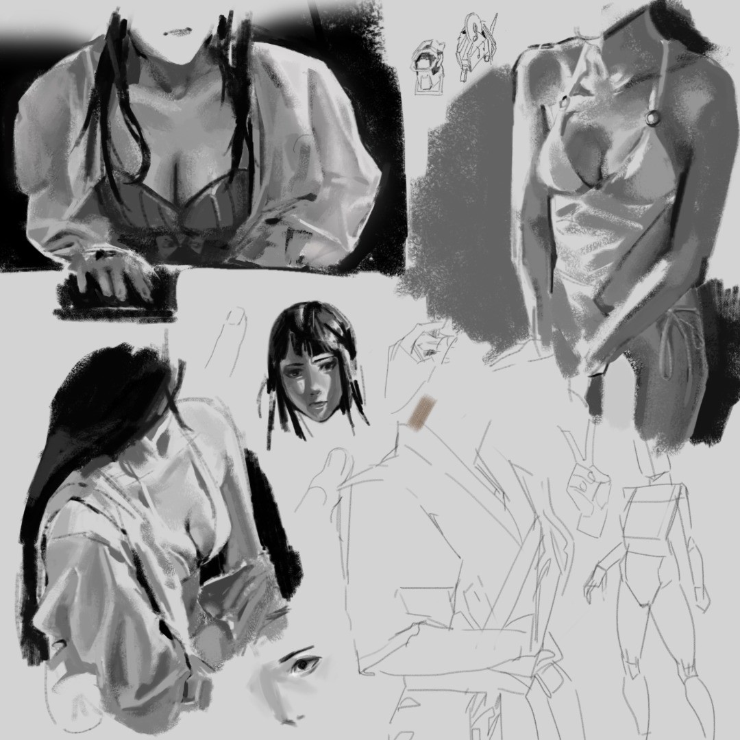 the image is a collection of grayscale sketches and paintings, primarily focusing on female figures in various poses and clothing.  the style is loose and expressive, emphasizing gesture and form over precise detail.  several studies concentrate on the torso and clothing folds, while others show head studies and a few anatomical gesture studies of the body.  the overall impression is that of an artist's sketchbook, showcasing various phases of work and exploration of the female form. the sketches range from quick gesture drawings to more detailed explorations of light and shadow on fabric. the quality of the pieces is uneven, some are clearly rough studies while others show more finished details.  the style blends elements of charcoal and painterly approaches.