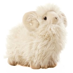 a fluffy white sheep plush toy is sitting on a white background. the toy has a soft, cuddly look and is perfect for children. it has a gentle and innocent expression and is made from soft materials that are ideal for cuddling.