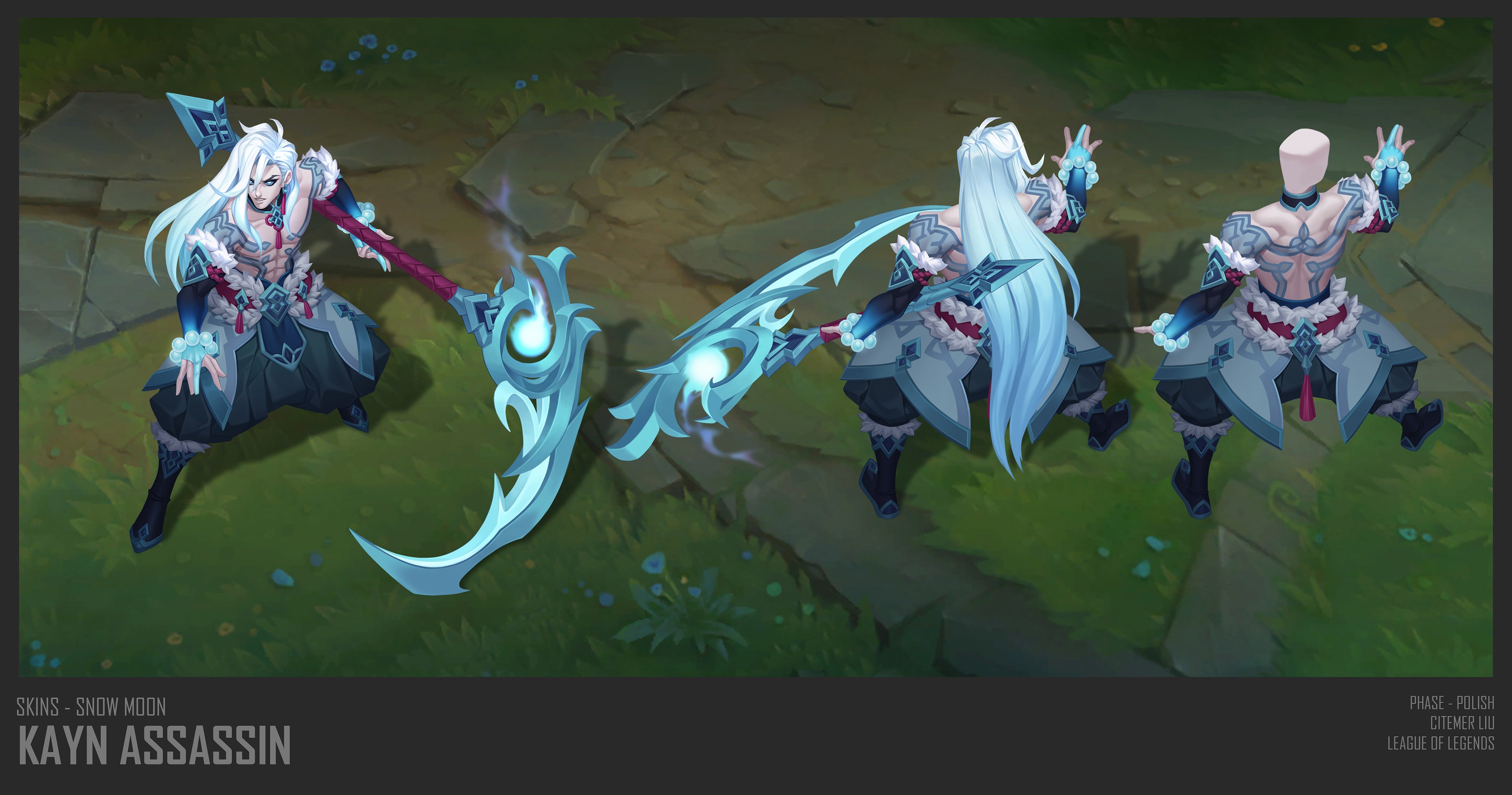 this image shows concept art for a league of legends skin called "snow moon kayn assassin". it presents a male character with long white hair, wearing a winterthemed outfit.  the artwork provides multiple views of the character, including a front view, a back view, and a back view without a head.  the character wields a large, ornate icyblue scythe. the overall style is fantastical and detailed, typical of concept art for video games. the image also includes text indicating the skin name, the phase of production ("polish"), the artist's name (citemer liu), and the game title.