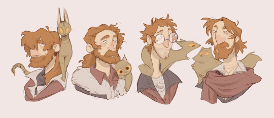 this is an illustration of a man with his cat in four different poses. the man has ginger hair and a beard, and the cat is a light brown tabby. the first pose shows the man and cat looking in opposite directions. the second pose shows the man looking down with the cat perched on his shoulder, looking at the viewer. the third pose shows the man wearing round glasses with the cat draped over his head. the last pose shows the man looking straight ahead with the cat resting on his right shoulder.