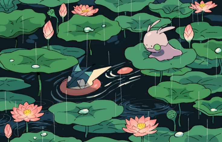 the image is a digital illustration in a cartoon/anime style depicting a peaceful scene in a pond during a gentle rain.  large, vibrant green lily pads cover the surface of the water, interspersed with blooming pink lotus flowers and buds. rain drops gently fall. two stylized creatures, reminiscent of pokemon in design, are present: one, dark blue and possibly aquatic, is partially submerged in an inflatable ring in the water; the other, light purple and resembling a rabbitlike creature, sits atop a lily pad. the overall aesthetic is calm, whimsical, and cute.  the colors are predominantly greens and pinks, creating a soft, relaxing atmosphere. the dark background enhances the vibrant colors of the flora and fauna.