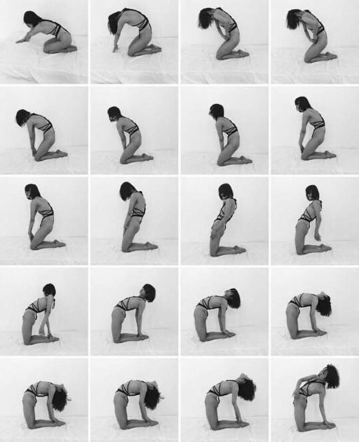 this photo collage features a woman in a black bodysuit,  posed in 16 different positions.  she is performing  yoga poses,  in a white studio setting.  the focus is on her body and  the way  she moves, as she changes her position from one pose to another.  the background is white,  and she is not wearing any shoes,  allowing the  viewer to focus on her body and movements.