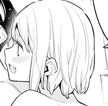 a closeup shot of an anime girl with short, straight hair blushing. she is looking down and to the left.