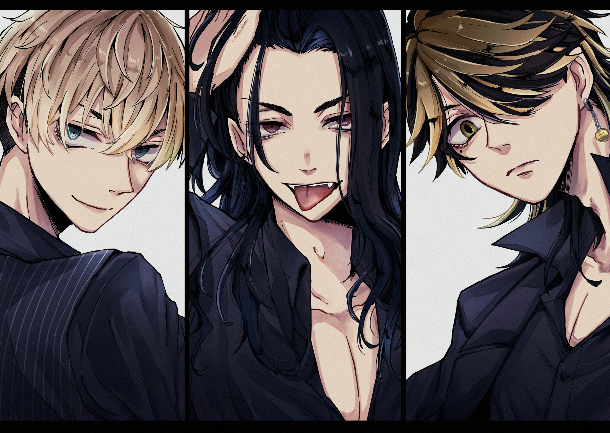 this is a digital illustration depicting three anime boys, their faces close up, each wearing a black suit with their own unique style and expression. one boy has blonde hair, another has dark blue hair, and the third has a mix of yellow and black hair. they are set against a plain white background. they appear to be close friends.