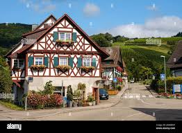 this image shows a picturesque street scene in a german village. the focal point is a beautiful halftimbered house with red and white walls, dark brown beams, and green window shutters. the house is adorned with colorful flowers on the windowsills and a lush garden in front. the street, paved with asphalt, curves gently to the right, leading past other charming houses and a vineyard on a hill in the background. the sky is clear and blue, and the overall lighting is bright and sunny, creating a cheerful and inviting atmosphere.