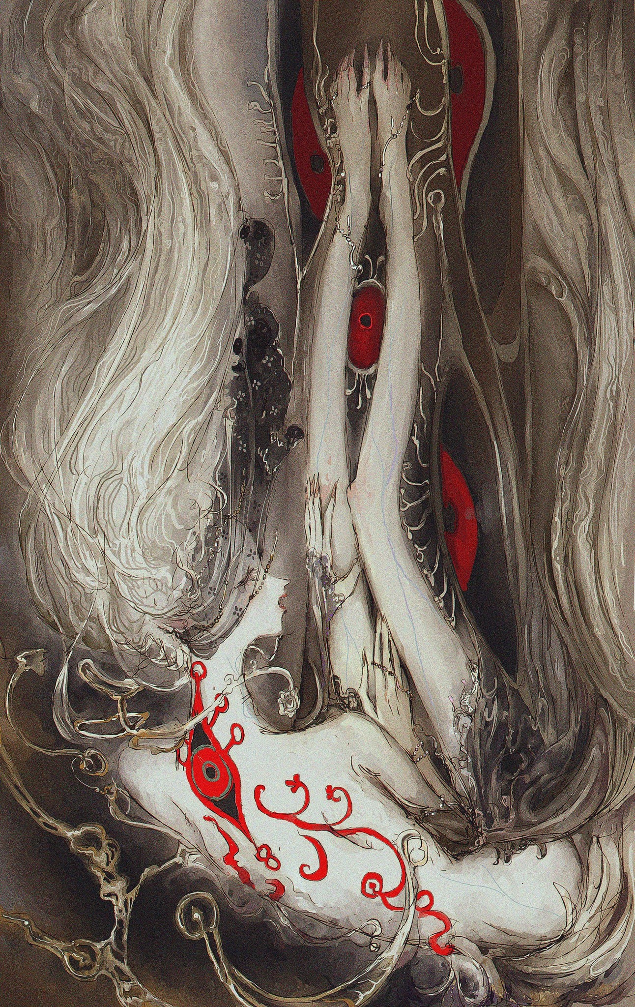 the image is a digital painting that depicts a woman's body entangled in a web of intricate, swirling patterns. the woman's skin