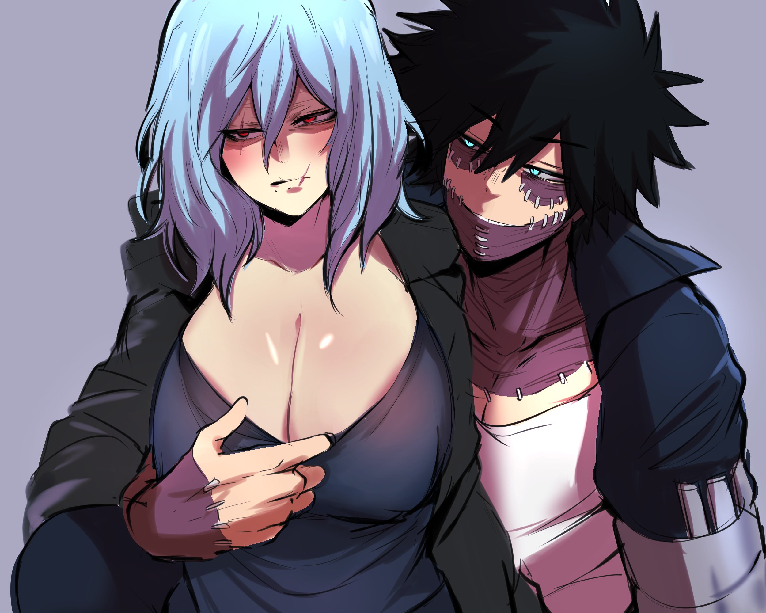 this is an illustration of a female and male anime character standing close together and looking at each other. the female character has blue hair and purple eyes. she is wearing a dark colored top and jacket and is smiling slightly. the male character has dark skin, black hair, and dark eyes. he is wearing a shirt and jacket and has stitched markings on his neck and face. he is smiling broadly. they are both drawn in an anime style with thin lines and exaggerated features. the background is a simple gradient of light purple and blue.