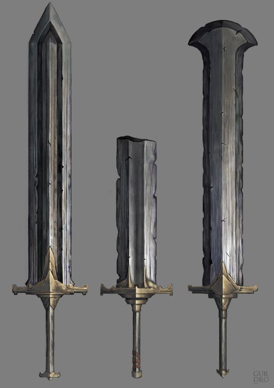 a digital illustration showing three different sizes of the same sword design. the blades are a dark gray metal with gold hilts. the background is a solid gray.