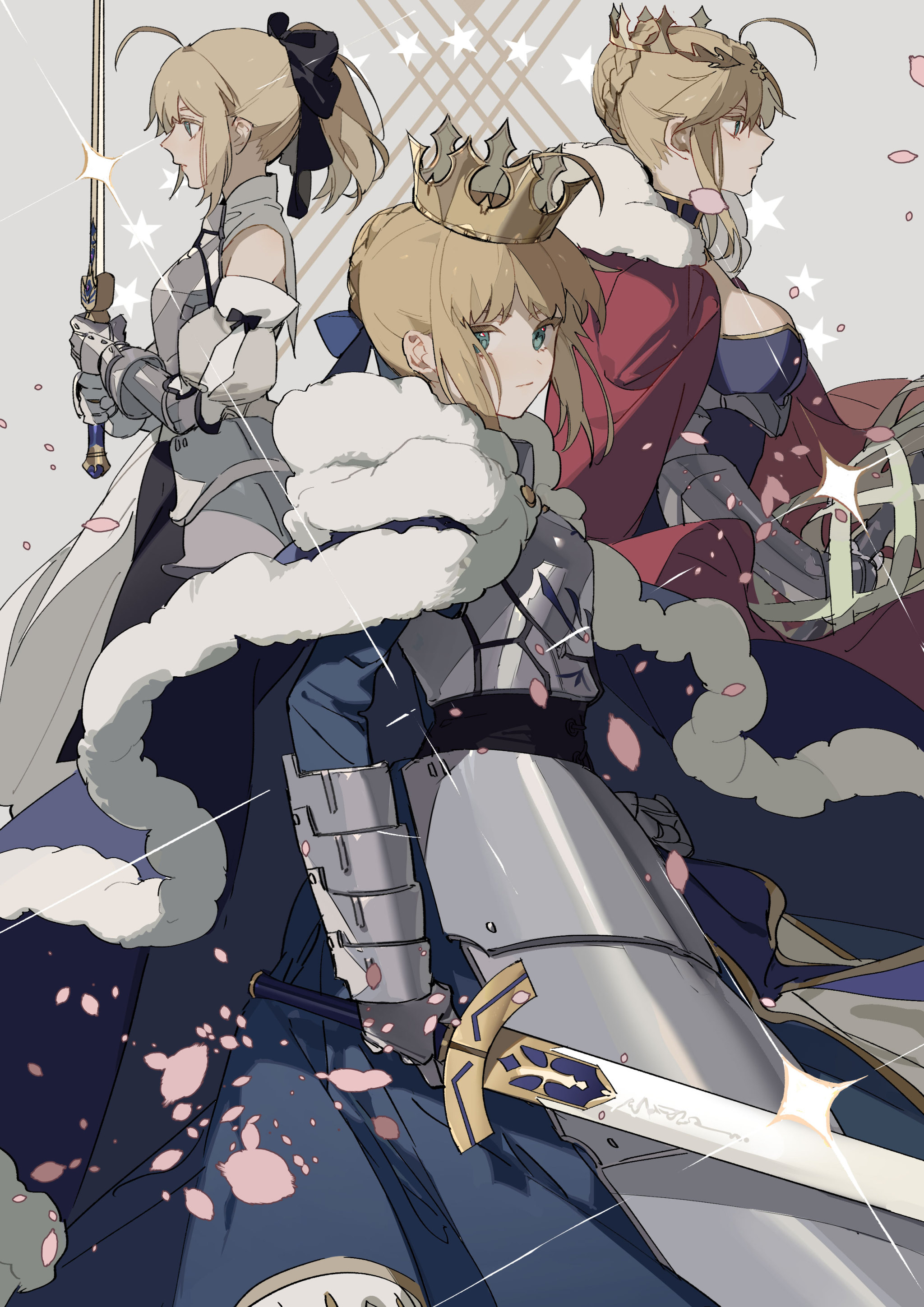 the image is an animestyle illustration of three variations of the same female character, likely saber from the fate/stay night series. all three have blonde hair, blue eyes, and light skin, and are dressed in different sets of armor and cloaks. the central figure wears a crown and a blue cloak with fur trim, holding a sword. the figure on the left is in lighter armor and a white cloak, also holding a sword, while the figure on the right is in a red cloak with more elaborate armor. the background features faint geometric patterns and small, scattered pink flower petals.
