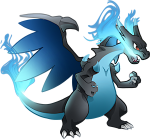 the image showcases a vibrant illustration of mega rayquaza, a legendary pokémon.  it's depicted in a dynamic pose, with its powerful body and massive wings partially extended. its signature blue flames are prominently displayed, emanating from its head and trailing behind it. the artwork is detailed, highlighting the creature's muscular structure, sharp claws, and fierce expression. the background is a stark black, enhancing the focus on the pokémon itself. the style of the illustration appears digital, with a clean and sharp aesthetic.