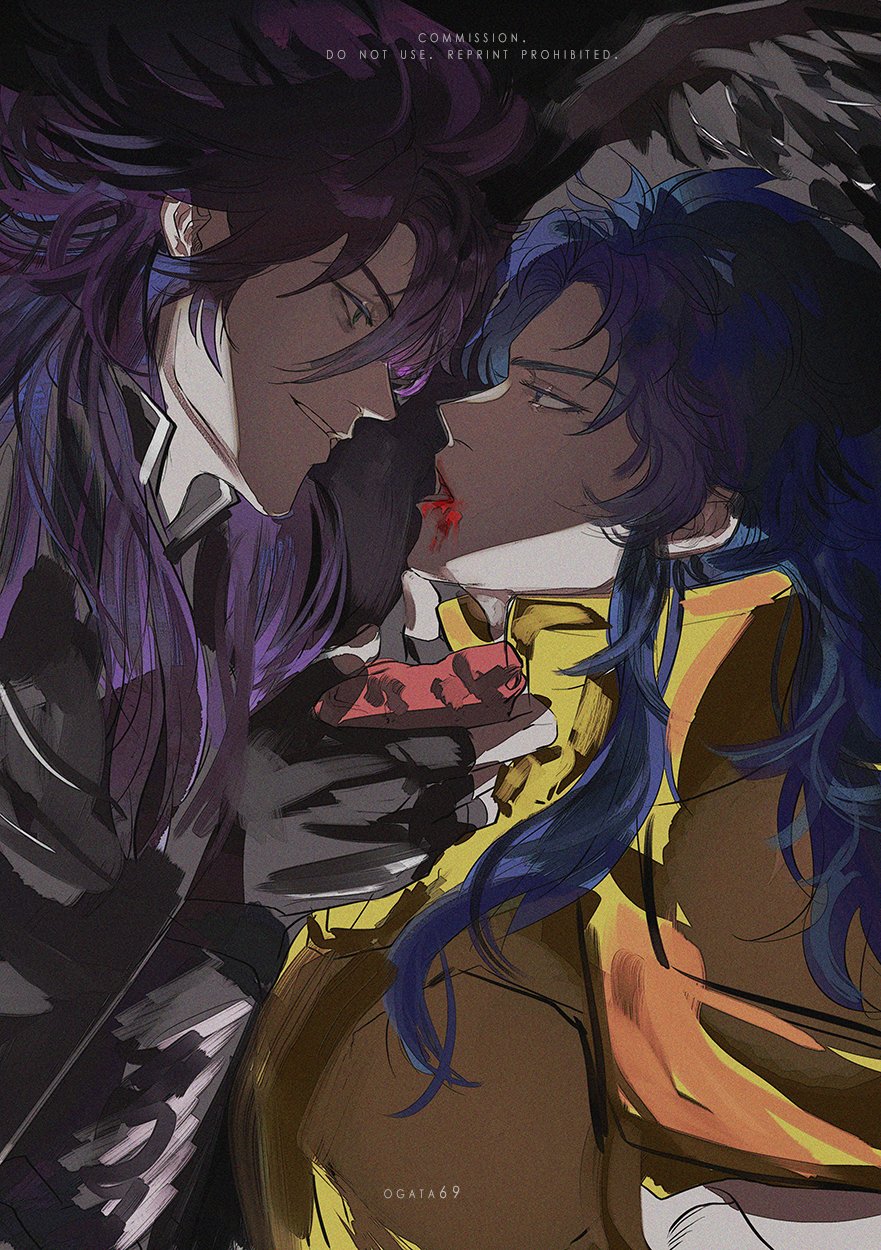 this artwork depicts a romantic scene between two anime males. the male in the foreground has purple hair and is dressed in black, while the