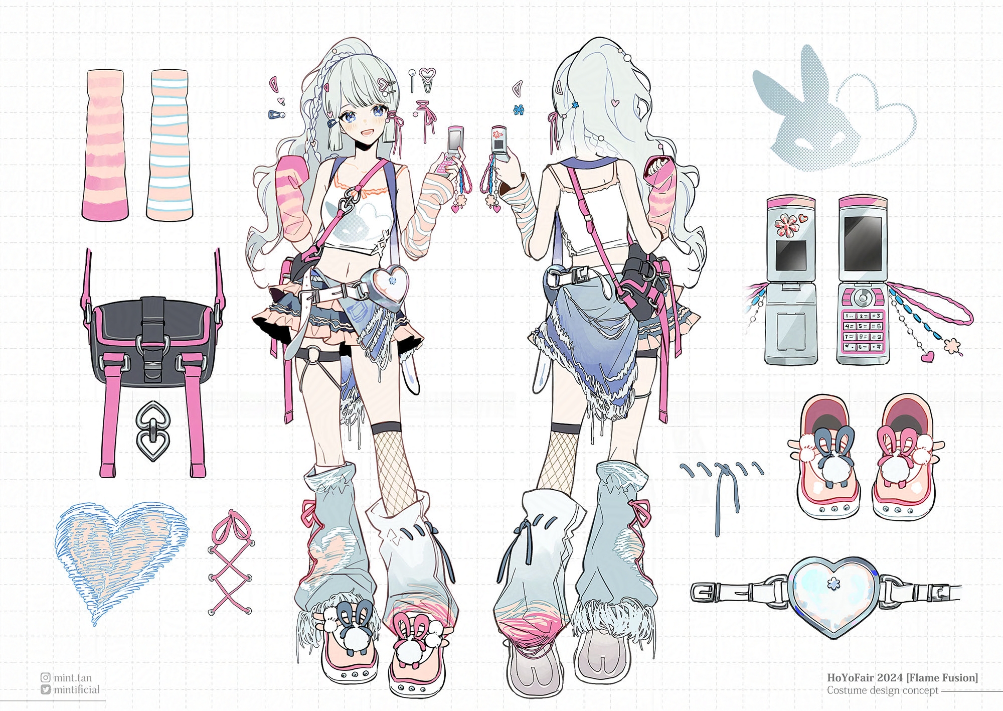 this image features a colorful anime character design concept. the character is a young girl with long white hair, wearing a casual outfit with denim shorts, a white crop top, and accessories like a heartshaped belt, a bag, and a phone. the design is vibrant and playful, with pink and blue accents, bunnythemed shoes, and a heartshaped mirror. the overall aesthetic is a mix of streetwear and anime elements, creating a cute and stylish look.  the drawing style is clean and detailed, highlighting the character's intricate design.
