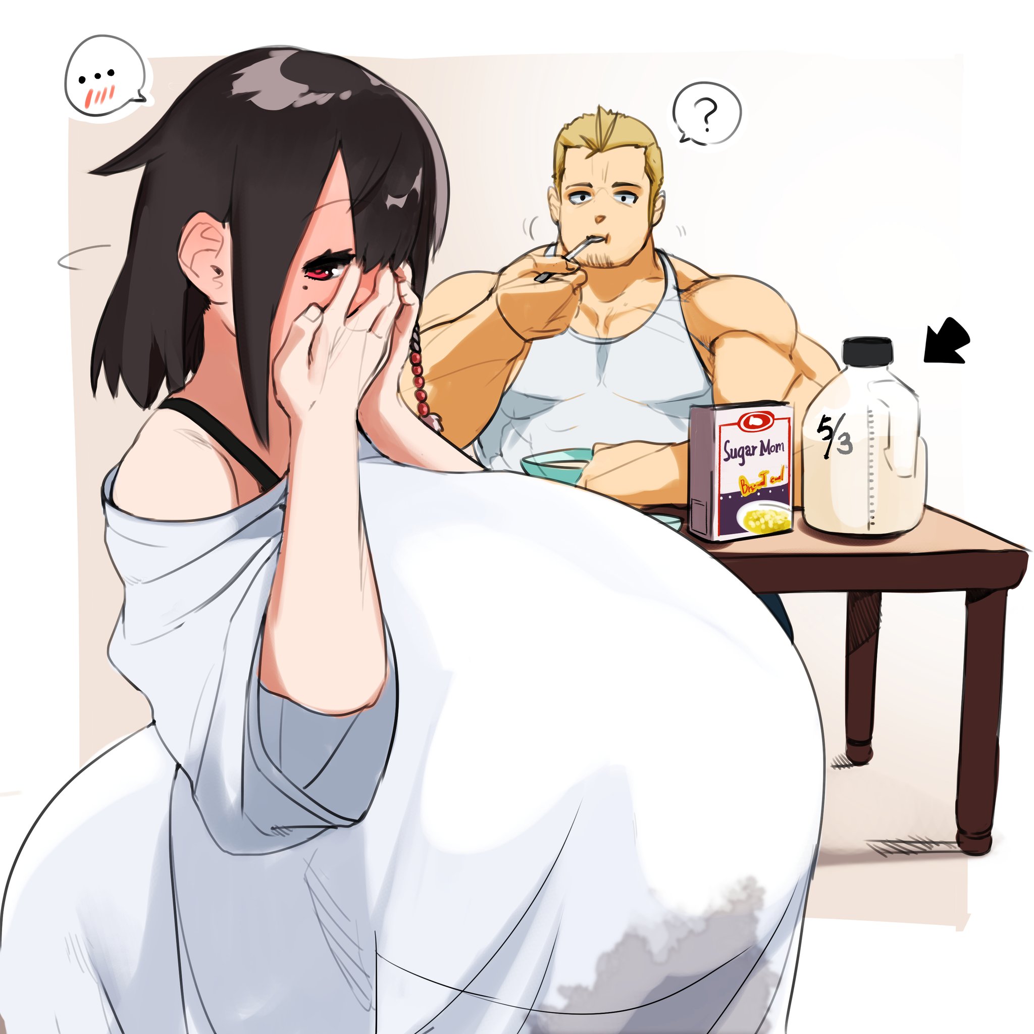 a cartoon image shows a pregnant anime woman covering her face with one hand and looking embarrassed, while a muscular man sits at a table behind her eating cereal and looking confused. on the table are a box of "sugar mom" cereal and a bottle of milk with "5/3" written on it.