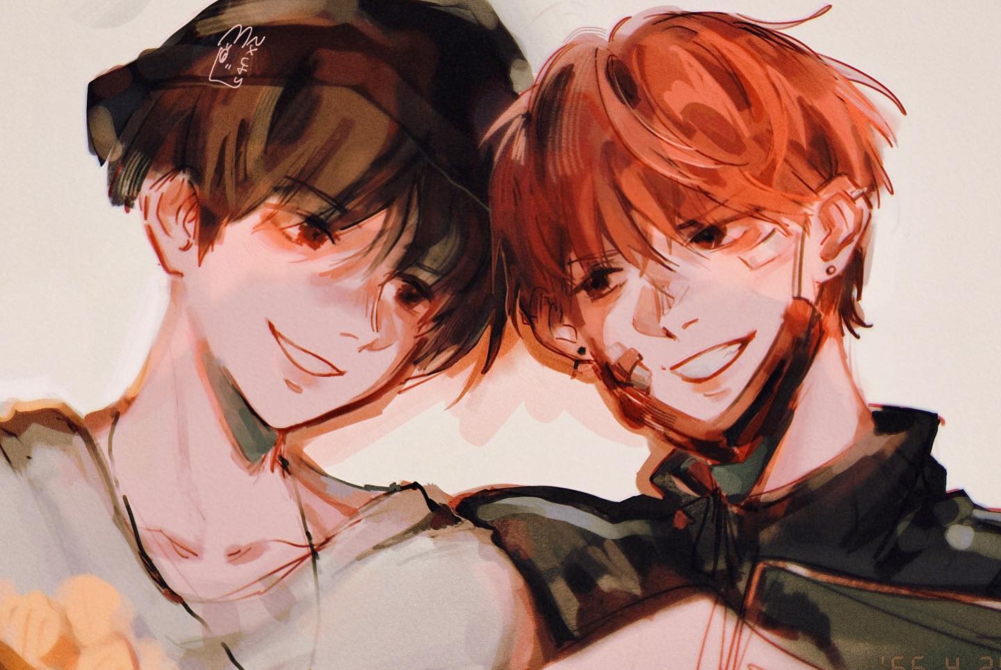 he image shows a painting of two animestyle boys. they are close together, with their heads touching. the boy on the left has dark hair and is wearing a bucket hat. the boy on the right has bright red hair. they both have a slight smile on their faces. the painting style is soft and painterly. the overall mood is light and happy.