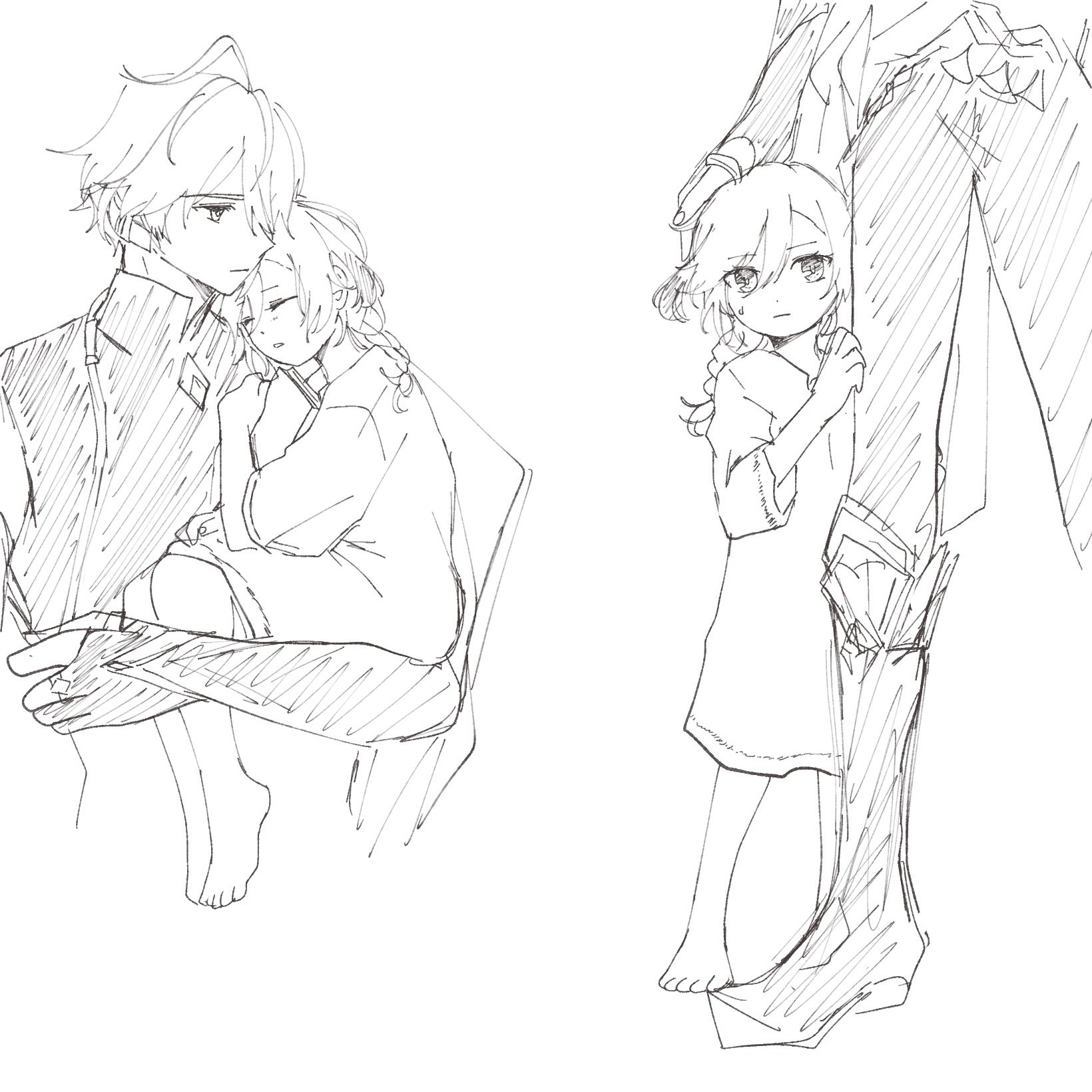 the drawing features two sets of characters, seemingly portraying two different moments. on the left side, a young boy with dark hair is embracing a younger girl with blonde hair. the boy is wearing a suit, and the girl is in a dress. both have their heads lowered as if in sadness. the drawing on the right shows a man with dark hair holding a younger girl with blonde hair, who is crying and looking down. she is hugging the man's leg and looks distressed. the overall feeling conveyed is one of sadness and fear.  the drawing style is light and sketchy, with the lines creating a sense of movement and emotion.