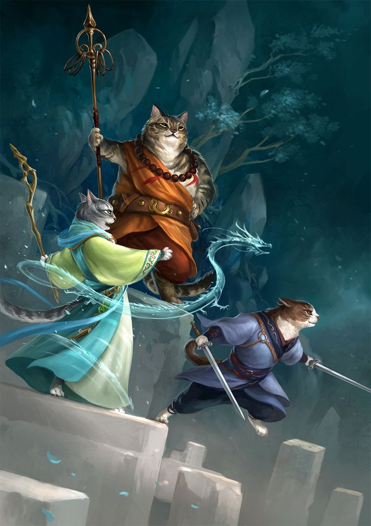 a group of three anthropomorphic cats, styled as fantasy characters, are depicted in a dynamic scene. the first cat, resembling a monk, stands tall with a confident expression, holding a long staff adorned with intricate designs. he wears an orange robe with a brown belt and a string of beads around his neck. to his left, a second cat, dressed as a mage or sorcerer, is posed midcasting, with a magical dragon aura swirling around him. he wears a blue and green robe and holds a wooden staff. the third cat, posed as a warrior or rogue, leaps forward with two swords drawn, wearing a blue outfit with dark pants. all three cats stand on a set of grey blocks that could be stones or ruins, with a dark blue background featuring rocky formations and a stylized tree.