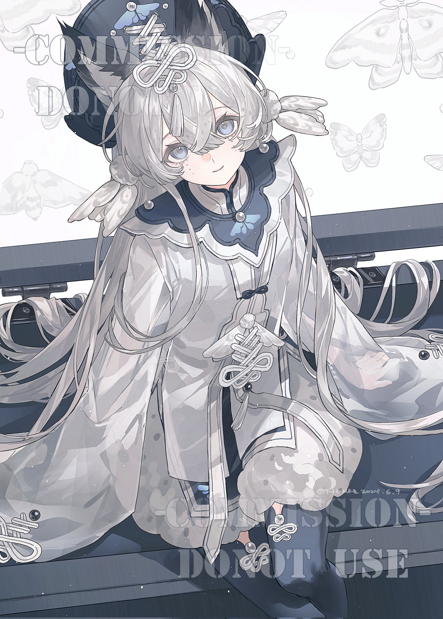 the image depicts an anime girl with white hair, dressed in intricate grey clothing. the girl is adorned with a hat and surrounded by butterflies. the artwork includes the text "commission, do not use". the design of the clothing is very detailed and symmetrical.