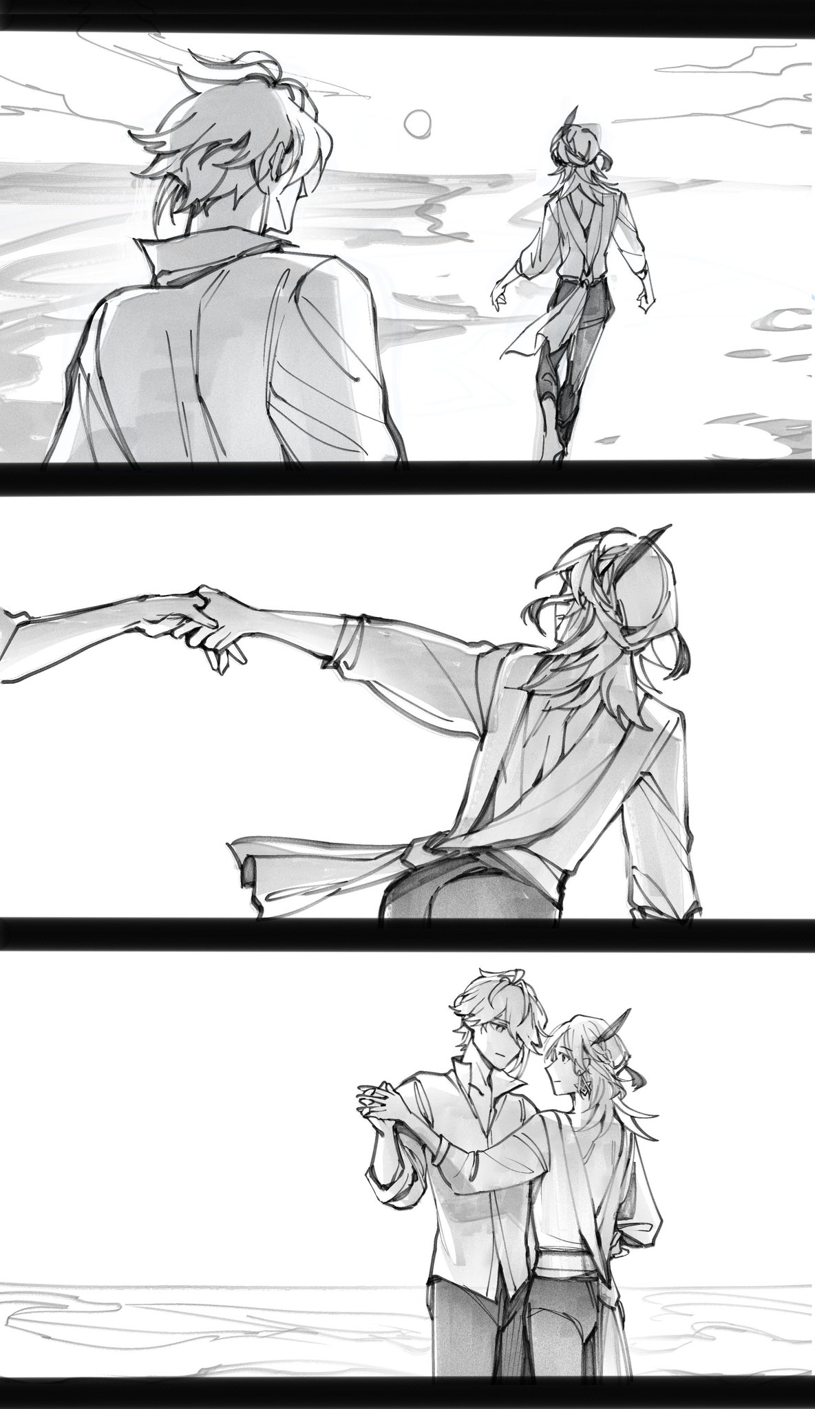 the image is a black and white illustration of three anime characters. in the first panel, two figures are walking away from each other on a beach, one with their back turned to the viewer and the other facing them. in the second panel, two figures are reaching out towards each other, one with their back turned to the viewer. in the third panel, the two figures from the second panel are now facing each other and dancing. the art style is anime, and the characters have large eyes, long limbs, and flowing hair. the image is set on a beach with waves crashing in the background. the overall tone of the image is romantic and melancholic.