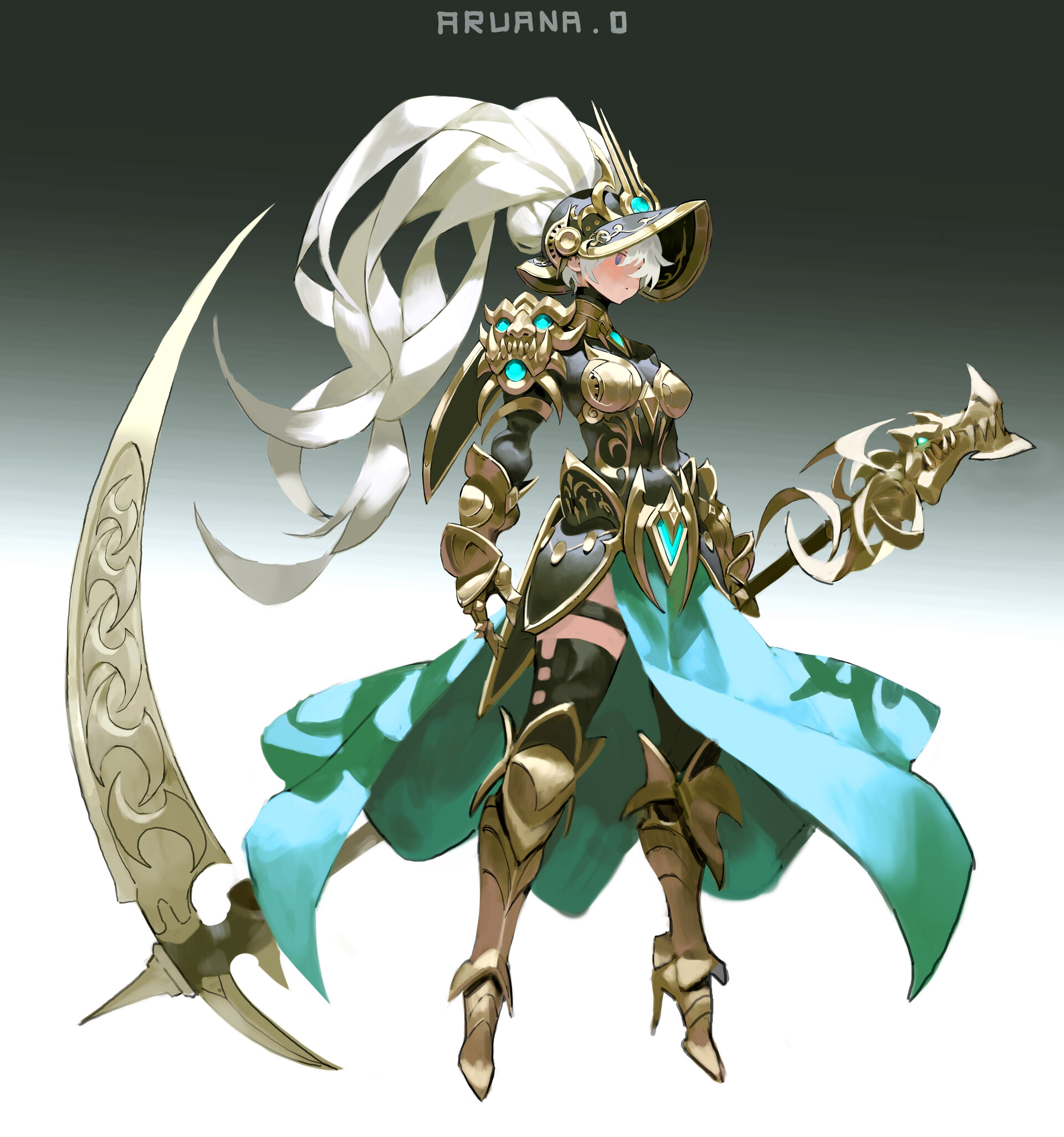 a full body illustration of a female warrior character with white hair, wearing gold and black armor, holding a scythe in one hand and a staff in the other. she is wearing a blue dress and has a fantasystyle helmet. the background is a gradient of gray. the illustration style is similar to anime or manga.