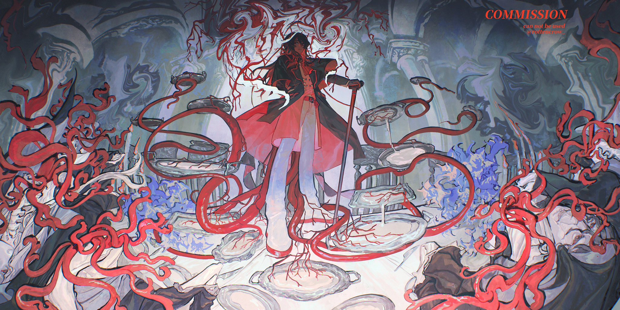 this digital painting is a surreal and abstract piece depicting a figure, possibly a man or a woman, standing in a forest of red vines. the figure is wearing a long red coat, and they are standing on a platform of what appears to be an anatomical structure. the image is dark and mysterious, with a hint of horror and gothic elements. the vibrant colors and intricate details create a sense of depth and wonder.