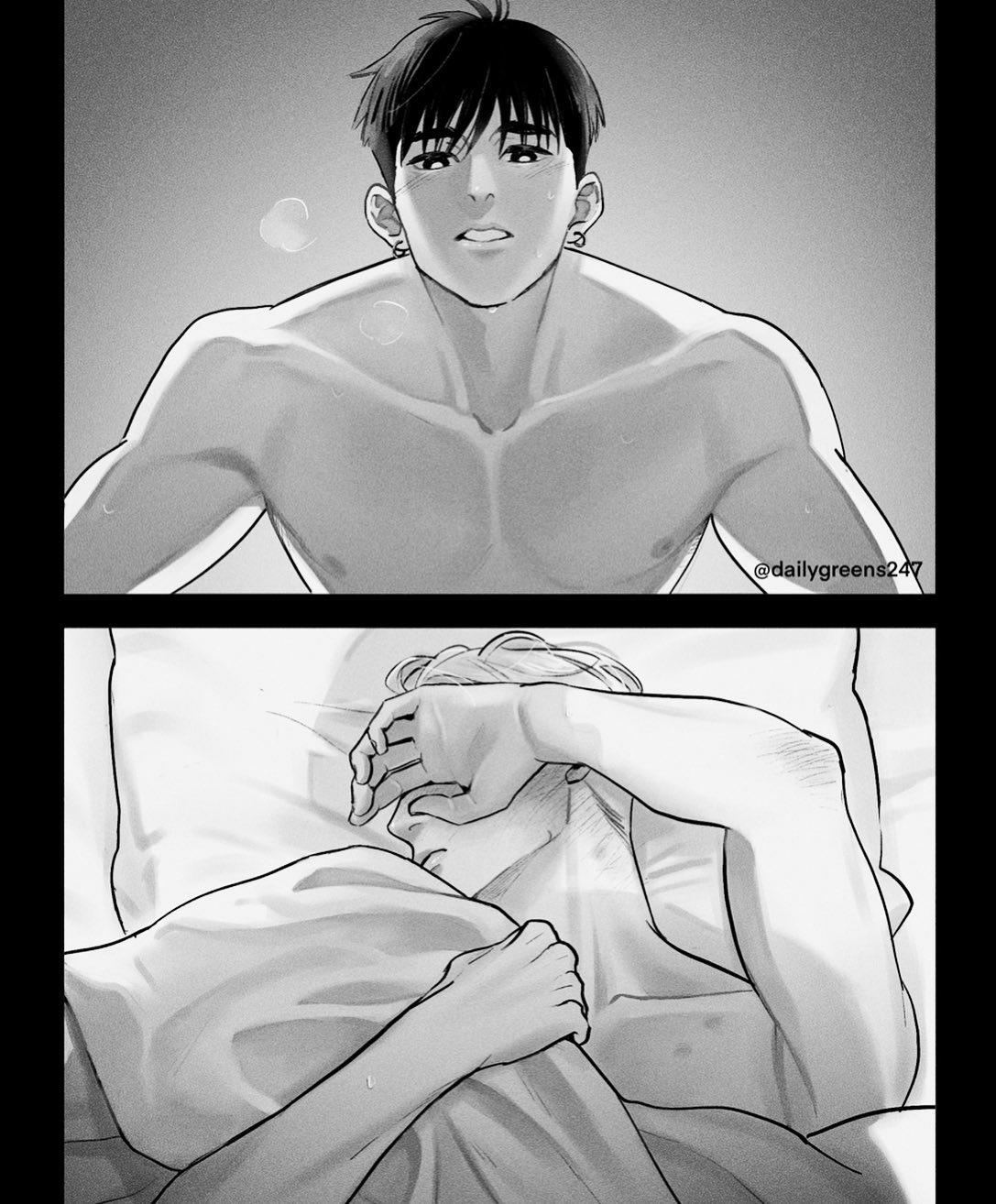 the image is a twopanel black and white illustration in the style of manhwa or manga. the top panel shows a shirtless muscular man looking upward.  the second panel depicts a man lying in bed, partially covered by sheets, with another person's arm gently around him. the scene suggests intimacy and a close relationship between the two men. the art style is soft and emotive, focusing on the characters' bodies and expressions.  the artist's watermark, @dailygreens247, is visible in the first panel.