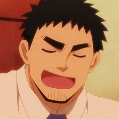 a close up of an anime man with short black hair, thick eyebrows, and stubble. he is wearing a white collared shirt and purple tie. his eyes are closed and he has a content smile. the background is a warm yellow/orange.