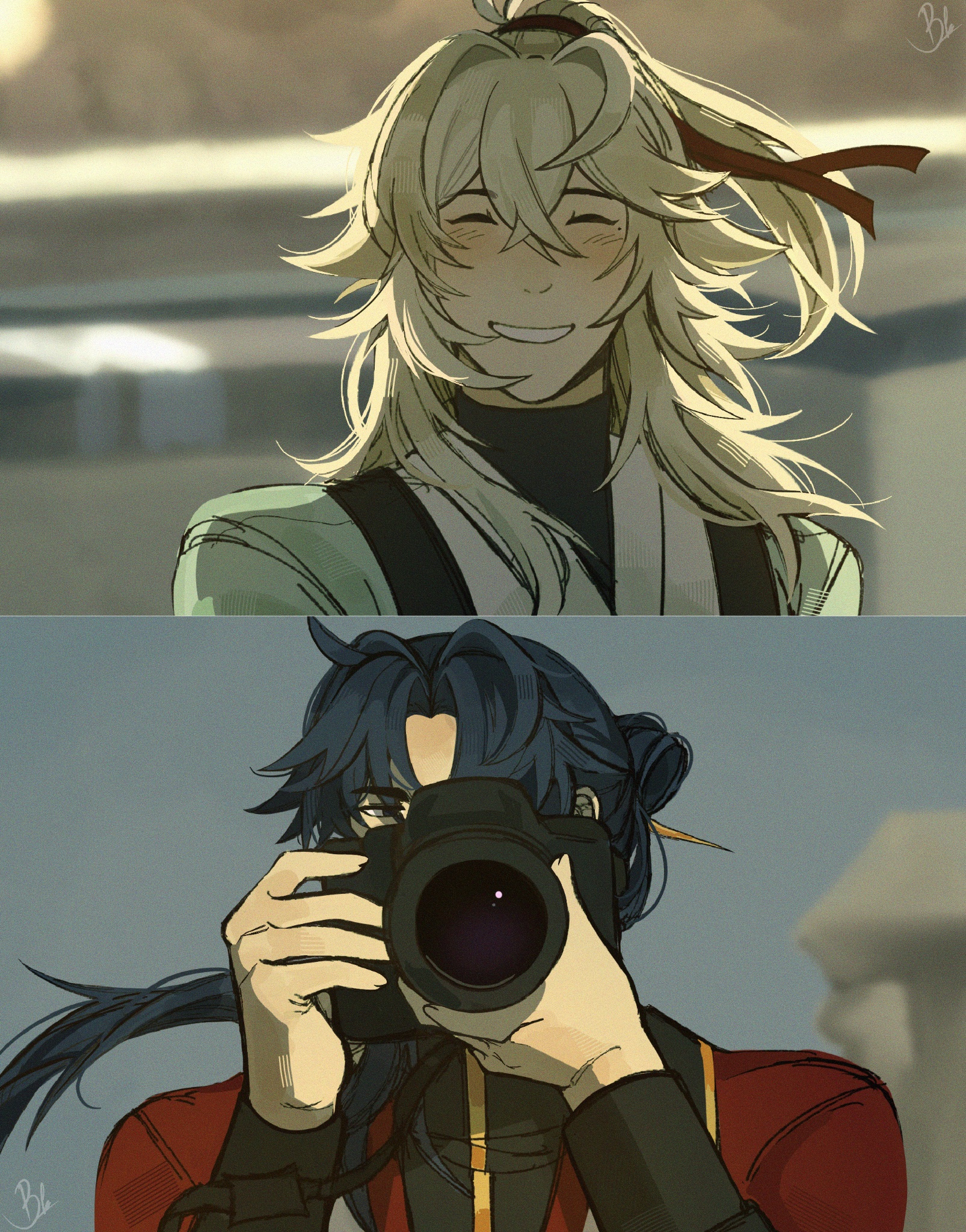 the image shows two anime characters, one with blonde hair and a bright smile, and the other with blue hair holding a camera and looking at the camera. they are both outside and appear to be friends. the artwork is done in a colorful digital style.