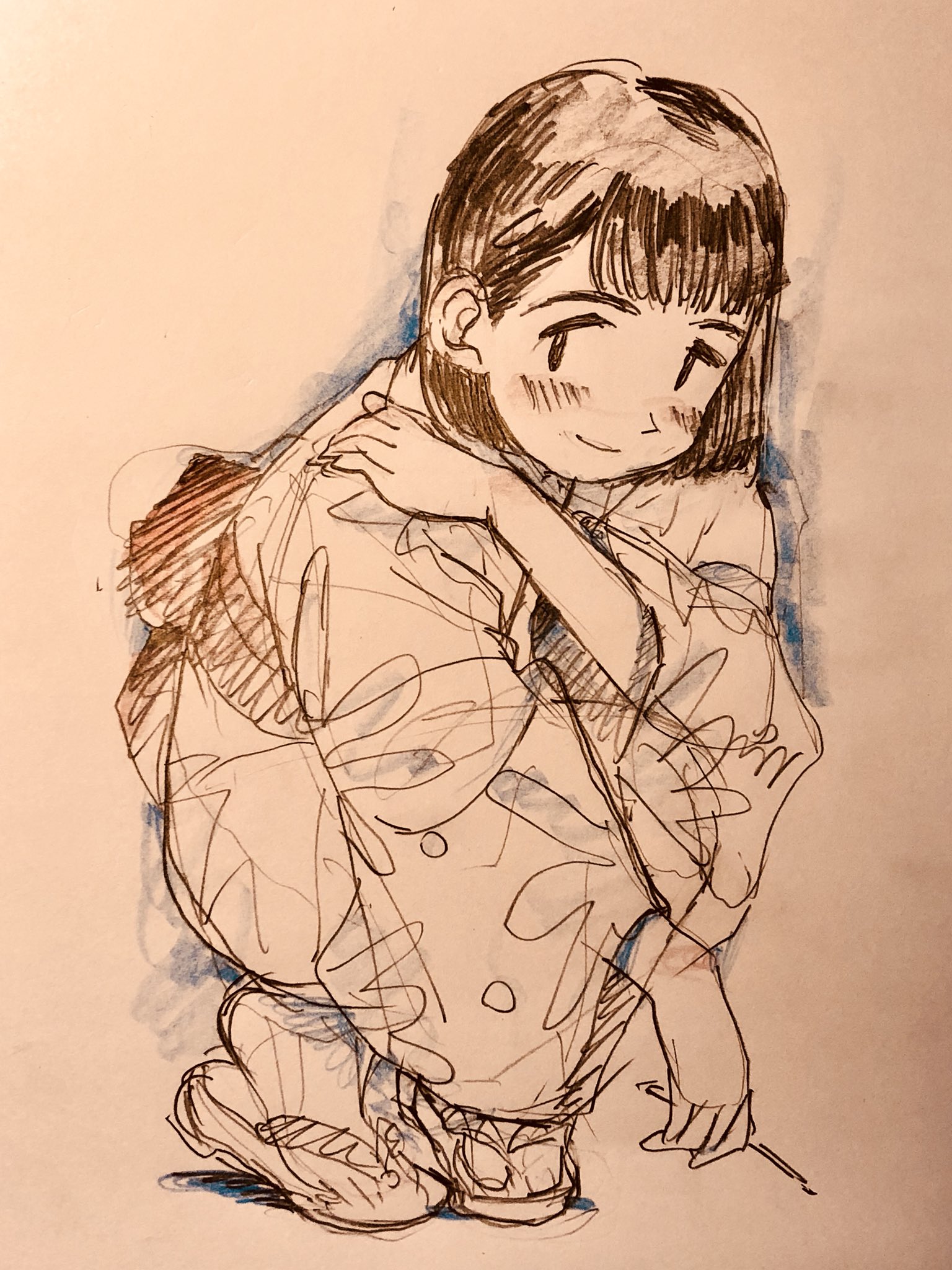 this is a drawing of a young girl crouching down while wearing a yukata. she is looking down and to the right, and has her hand resting on her arm.