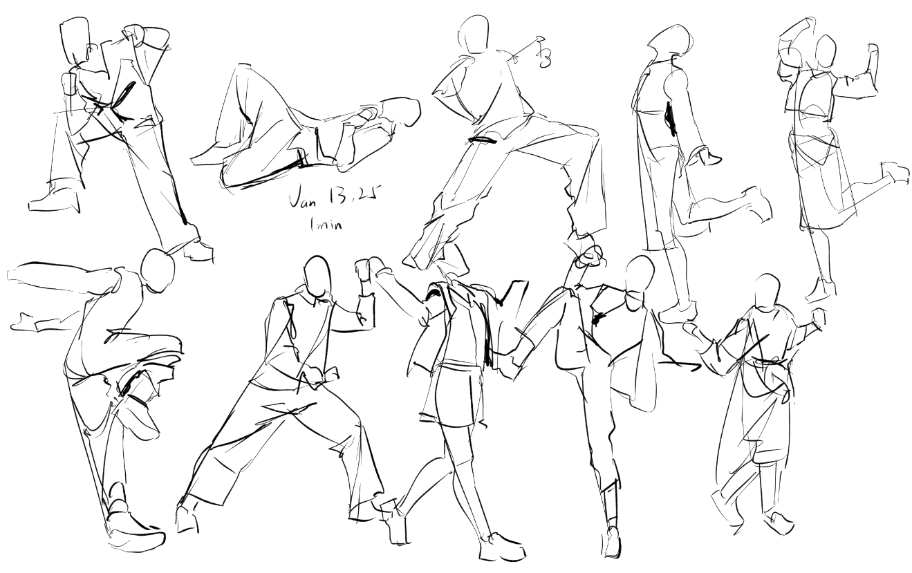 he image contains a collection of quick figure sketches, likely done in one minute each.  the style is loose and expressive, focusing on capturing the movement and gesture of the figures rather than precise anatomical detail. the figures are in a variety of dynamic poses, some seemingly engaged in action or combat.  there's a date and time notation ("jan 13, 23, 1 min") suggesting the sketches were made as a quick study or exercise. the overall impression is one of spontaneous energy and fluidity.