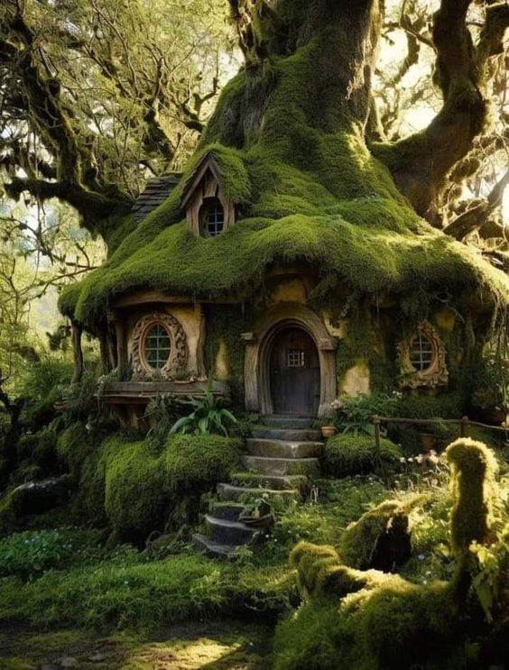 a charming treehouse nestled amidst a lush green forest. the structure is almost entirely covered in vibrant moss, giving it a fairytalelike appearance. stone steps lead up to a wooden door, inviting visitors inside. rounded windows peek out from the mossy walls, offering glimpses of the enchanting interior. the surrounding forest is alive with greenery, creating a sense of tranquility and magic.