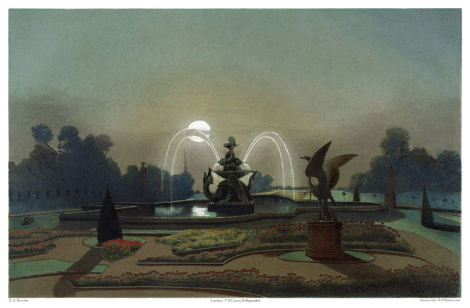 the image shows a serene night scene in a garden with a large fountain at its center. the fountain features a dragon and other mythical creatures, with water spraying upwards and backlit by a bright moon. in the foreground is a statue of a winged bird on a pedestal. the garden is meticulously designed with flowerbeds in various shapes, containing flowers of different colors. topiary trees and other greenery are arranged symmetrically along the walkways. in the background, there are trees and possibly a building silhouette. the entire scene is bathed in a soft, ethereal light.