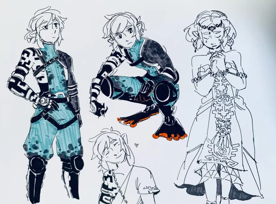 a sketch of zelda and link in various poses.  link is shown in his champion's tunic, while zelda is drawn in her white dress and blue sash.