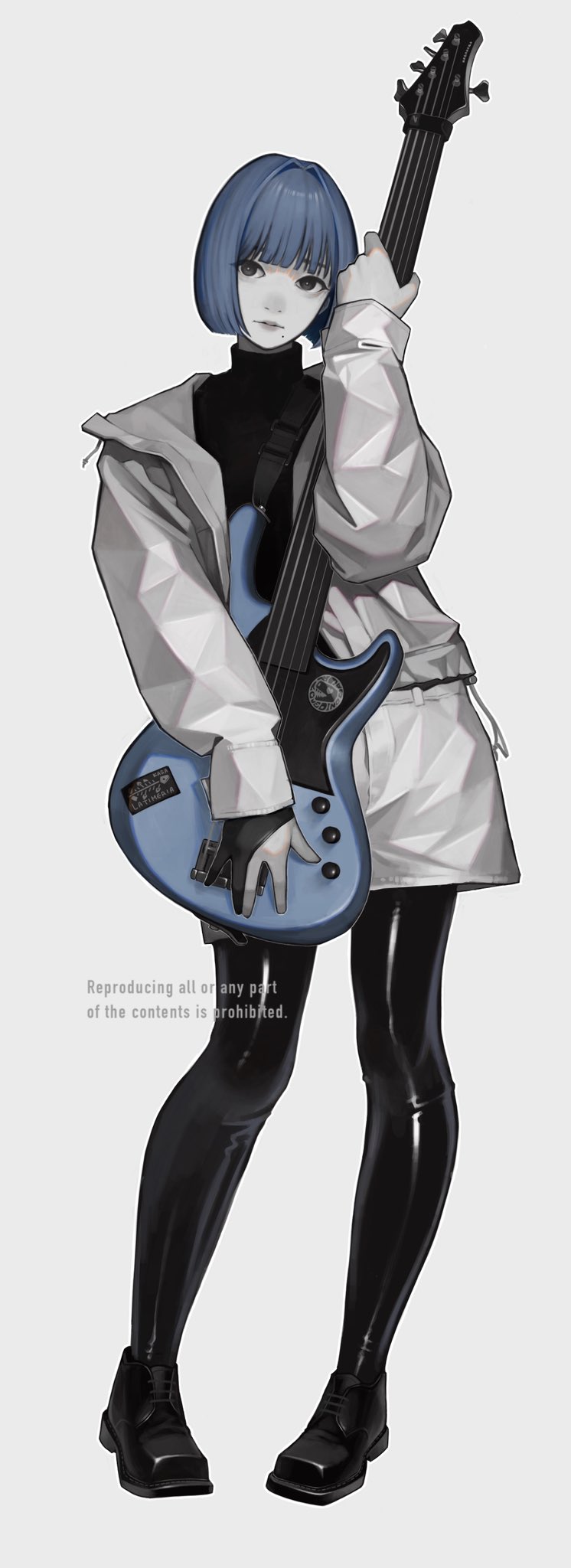 the image is a digital illustration of a stylish anime girl, likely a teenager or young adult. she is depicted playing a blue electric bass guitar. she has short, blue bobbed hair, a grey/white coat, and is wearing black, shiny tights and boots.  her pose is confident and slightly cool, holding the bass guitar close to her body. the art style is clean, elegant, and has a slightly muted color palette dominated by grays and blues. the background is a simple, light grey, keeping the focus on the character. the overall impression is one of stylishness and musical talent.