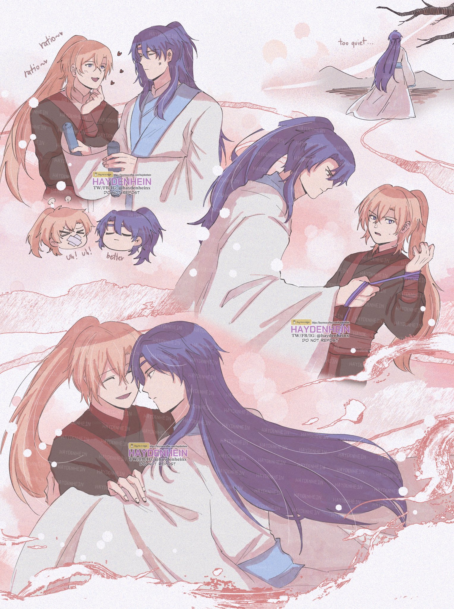 this digital illustration is a cute and romantic depiction of a couple, a bluehaired boy and blondehaired girl, who are deeply in love. the image is set against a snowy winter scene with a faint pink background and features multiple panels with the couple in different poses. the boy is usually wearing white clothes and the girl is often wearing black clothes. they are smiling and holding hands, and there are heart sparkles around them. the overall theme is one of love, happiness, and romance.