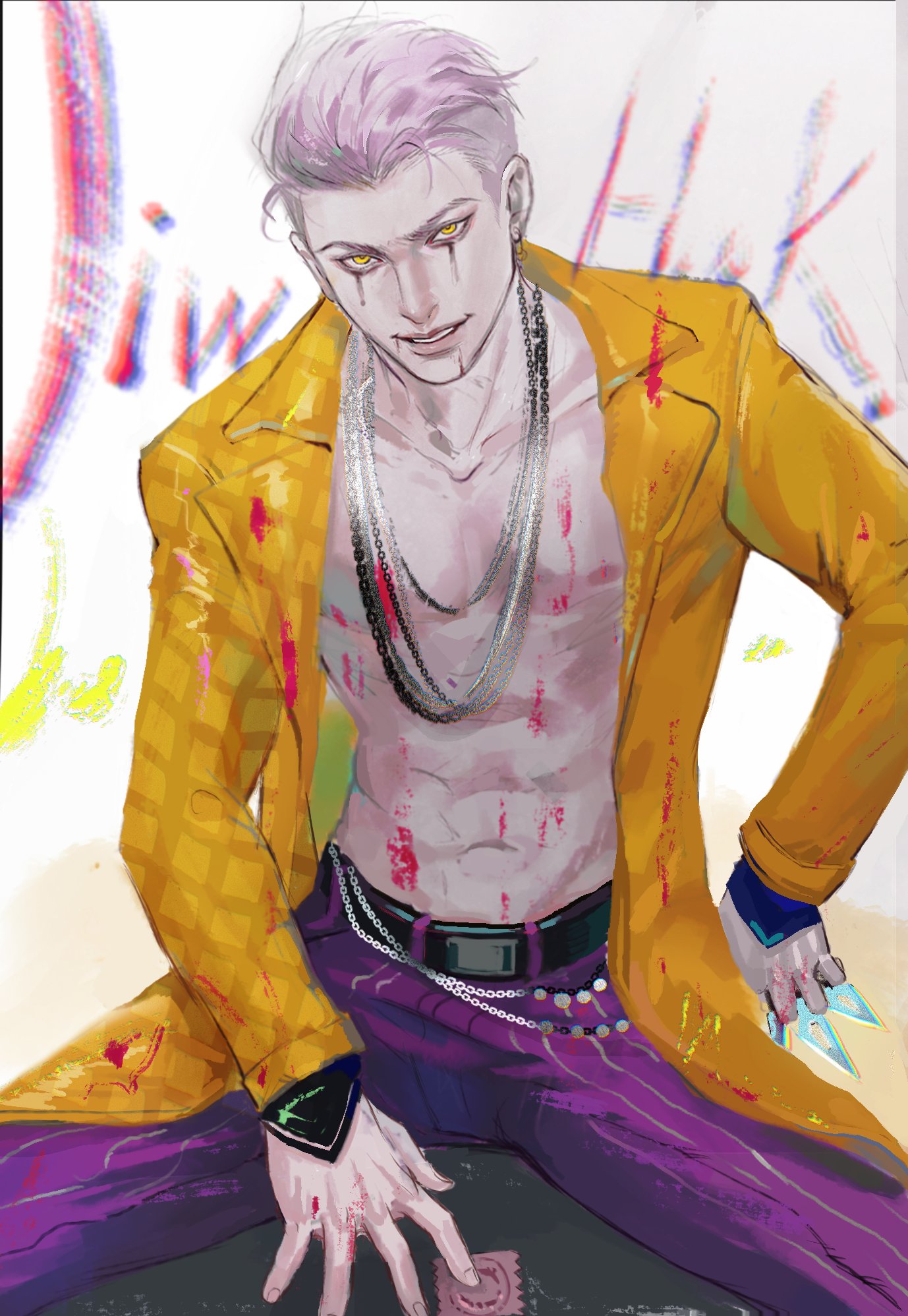 the image is a digital illustration of a young man with white hair and black eyes. he is wearing a yellow jacket, purple pants, and many chains as accessories. he has a sinister smile and is looking directly at the viewer.  the image is stylized to look like an anime character. he is covered in bloodstains, giving the impression that he is a dangerous and edgy character. his pose is relaxed and nonchalant, but there is a sense of danger emanating from him. the image is set against a background of white with some colorful text on the left side.