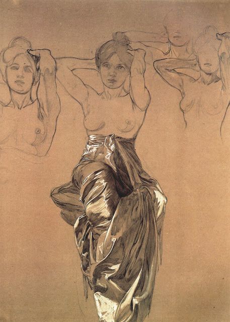 a charcoal drawing of a nude female figure. the figure is standing with her arms raised above her head, her hands holding her hair. the drawing is done in a loose and gestural style, with the lines of the figure flowing and dynamic. the drawing is incomplete and appears to be a study for a larger work. the background is a light brown paper.