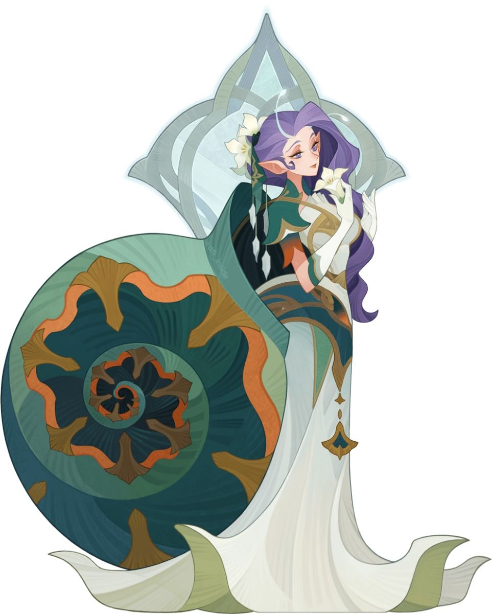 this is a character concept art of a female elf. she is wearing a long white gown and has long purple hair. she is holding a white lily in her right hand and has a large, ornate, green shield behind her. the shield is decorated with a spiral pattern and gold accents.  she has pointy ears and a serene expression on her face.