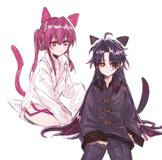 the image shows two anime characters, one girl and one boy, dressed in catthemed outfits. the girl is wearing a white shirt and a pink cat ear headband, while the boy is wearing a black and purple outfit and black cat ears. they appear to be friends or lovers, and are posing for a photo. the girl is sitting on the floor with her legs crossed, while the boy is standing behind her with his hands in his pockets. they both have bright, friendly expressions on their faces, and the image overall is very cute and adorable.