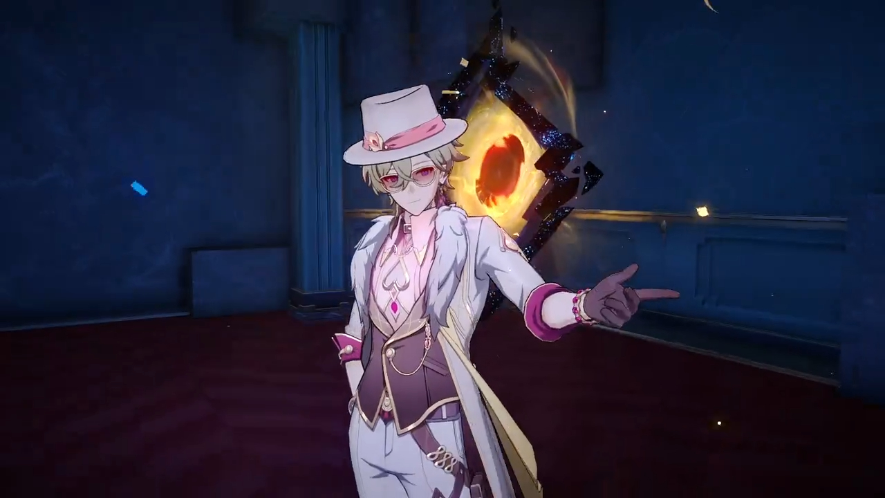 this is a digital illustration of scaramouche from the game genshin impact. scaramouche is a male anime character with blond hair and red eyes wearing a white coat with a white hat, red and gold accents, and glasses. he has a dark and magical background behind him. he is standing on a redpurple floor, with his right hand pointing towards the viewer.