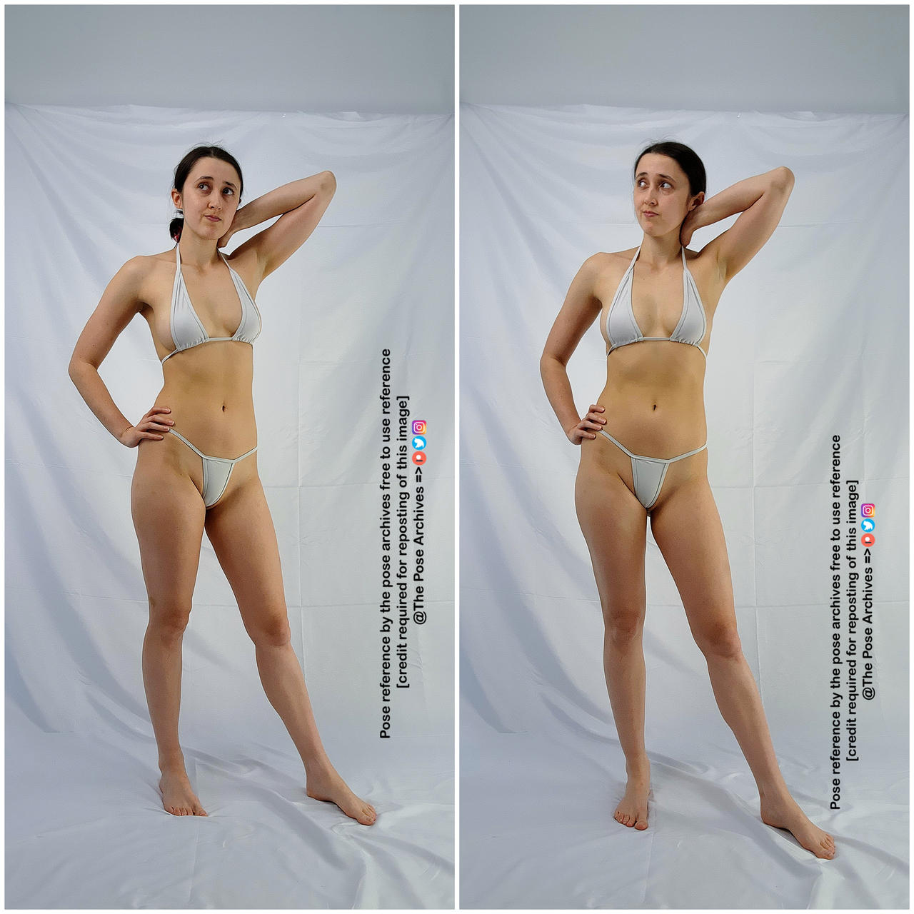 a young woman in a white bikini poses against a plain white background. she is standing with one hand on her hip and the other behind her head, looking slightly upwards. the image is a reference photo intended for artists.