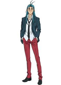 a young man with blue hair, red pants and a black jacket with a white buttonup shirt. he is also wearing a black tie.