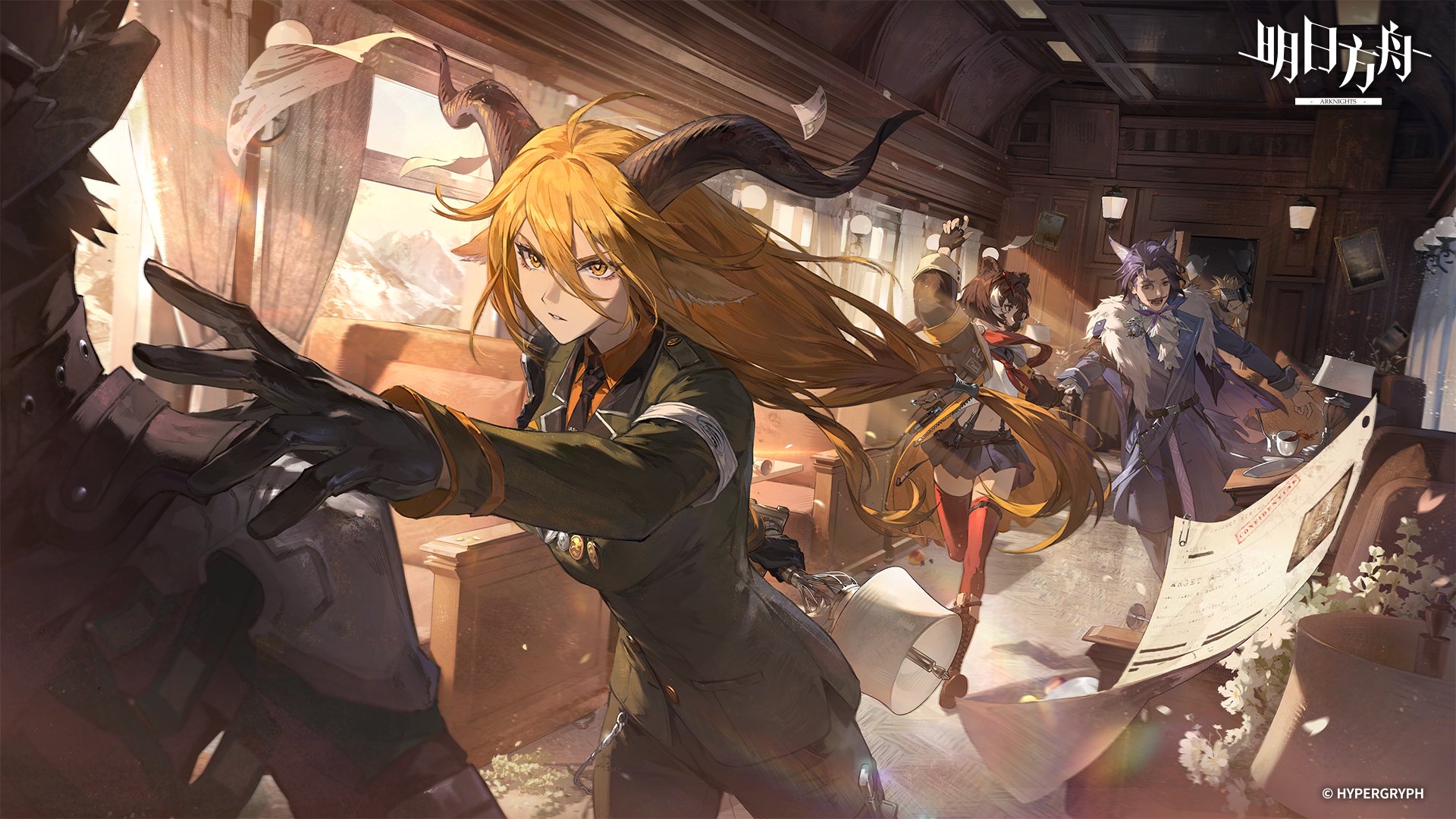 he image is a vibrant digital painting depicting a scene of chaos and action within a steampunkstyled train carriage. the focus is on a group of animestyled female characters, one of them prominently featured in the foreground. she possesses long, flowing blonde hair and dark horns, clad in a militarystyle uniform.  the other characters are equally stylized, with various fantasy elements, some showing off more elaborate clothing and accessories. they appear to be in a state of urgency or conflict, possibly escaping or fighting, judging by their expressions and the scattered papers and documents around the carriage. the train's interior is rich in detail, enhancing the steampunk aesthetic. the overall style is dynamic and dramatic, hinting at a larger narrative.