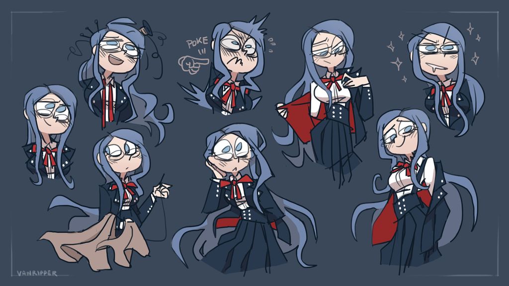 a digital illustration of tsumugi shirogane from the game danganronpa v3. she's drawn nine times with a variety of facial expressions and poses against a solid blue background.