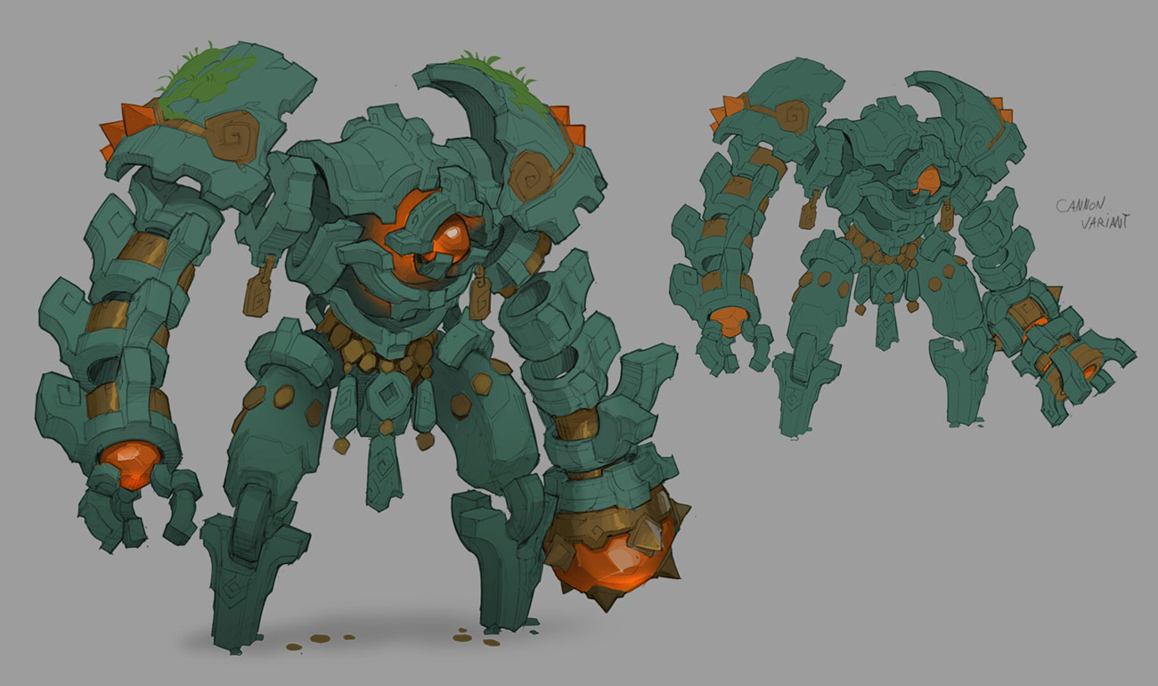 this digital artwork presents concept art for a stone golem character. the main focus is a detailed rendering of the golem's design, with the body primarily teal and the accents orange and brown.  the golem is depicted in two poses – one complete view of the golem and the other focuses on a more dynamic pose of the arm and hand. the golem appears to be made of rough stone blocks, suggesting a powerful and ancient design. the style is reminiscent of mayan or aztec artistry. the text "cannon variant" is visible in the top right, possibly indicating the character's role within a larger context. the overall image suggests a character design for a video game or fantasy setting.