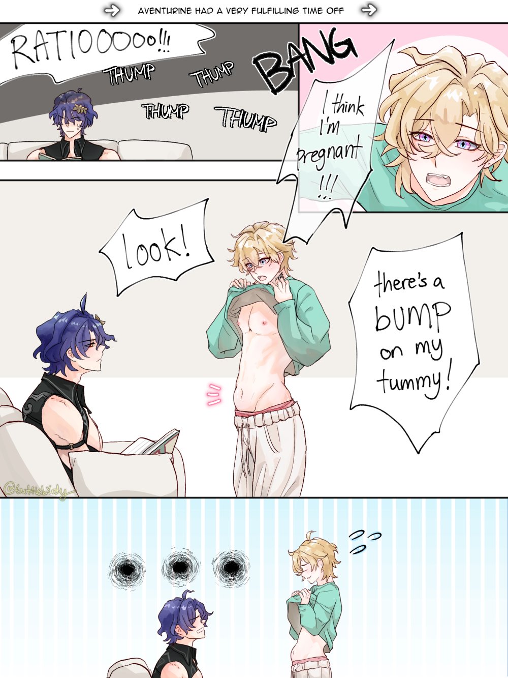 he image is a fourpanel mangastyle comic depicting a lighthearted and slightly comedic scene. the story revolves around two male characters, one with blond hair and the other with purple hair.  the blondhaired character, initially wearing a teal shirt, experiences a moment of shock and reveals a baby bump after taking a pregnancy test.  the purplehaired character reacts with surprise. there are sound effects like "thump" and "bang" interspersed throughout the comic to enhance the visual narrative. the style of art is soft and gentle, with the color palette leaning towards pastel shades. the final panel shows the blond character again with a slight blush, and the purplehaired character looking slightly dazed. the overall mood is light and humorous, focusing on the unexpected pregnancy announcement.