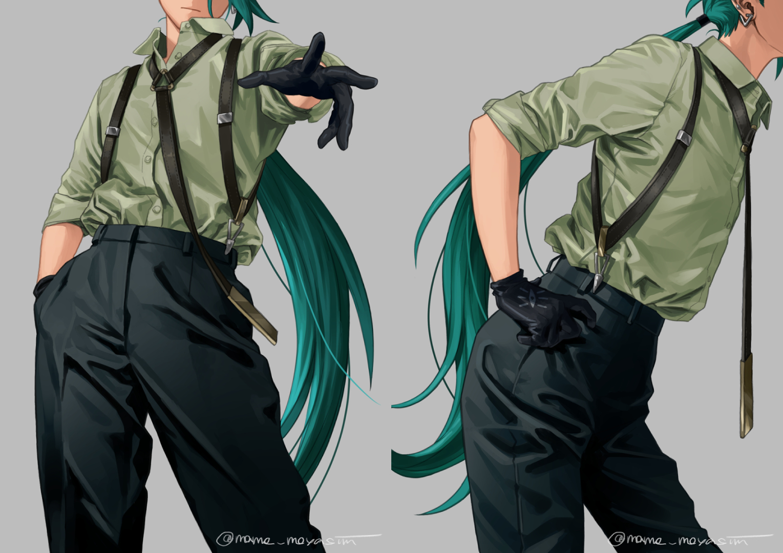 this is a fashion illustration of a man with teal hair. he is wearing a white shirt, black suspenders, and black pants. he is also wearing black gloves and has his hand outstretched.  the image is a close up of the man's torso, focusing on the outfit.  the background is a solid grey color.