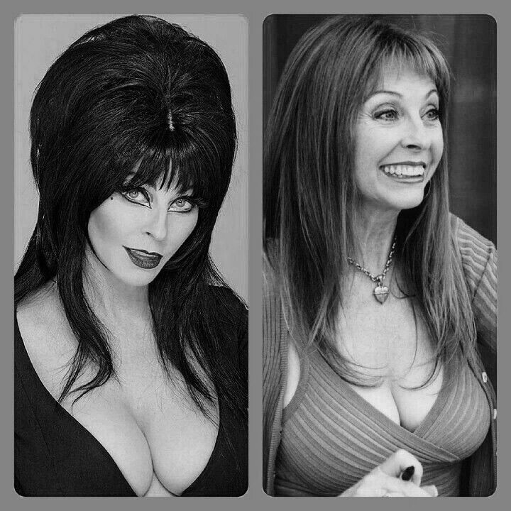 a split image of two women in black and white. the woman on the left is older, with a vintage hairstyle, dark eyes and lipstick, with a revealing outfit. the woman on the right is younger, with long straight hair, wearing a top with cleavage showing.