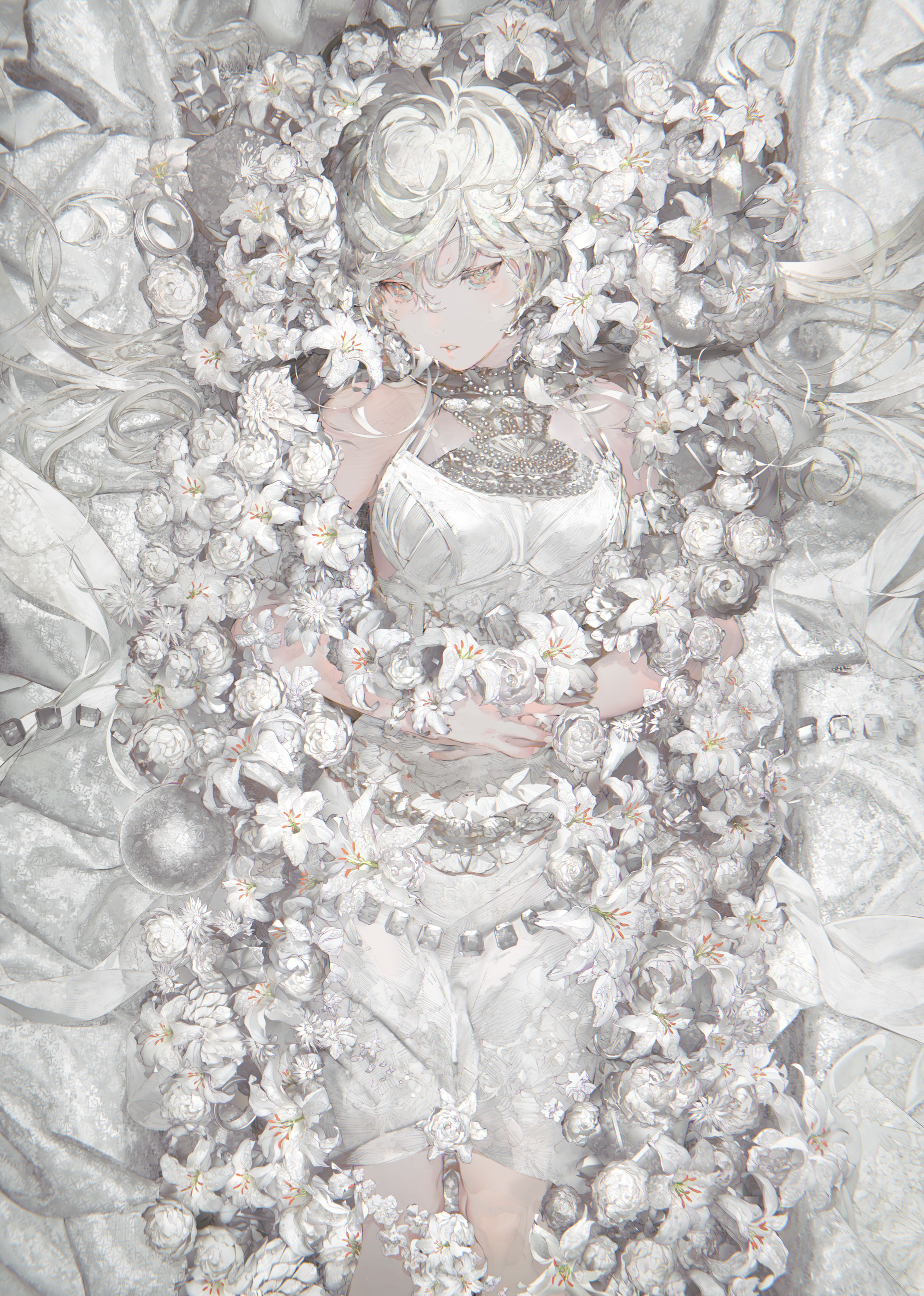the image is a digital painting or illustration of a young animestyle woman, possibly a goddess or princess. she is lying down, almost supine,  adorned in a flowing, ornate white dress.  she is completely surrounded and almost buried in a profusion of white flowers, including lilies and roses. the flowers appear to be both a natural element and perhaps a part of her attire, forming a kind of floral crown and dress embellishment.  her hair is white and curly, and she wears silver jewelry. the overall aesthetic is ethereal, soft, and dreamy, with a monochrome palette of whites and silvers creating a sense of peace and elegance. the background consists of softly textured white fabrics or clouds, further enhancing the dreamy atmosphere. the style is highly detailed and refined, with a focus on light and shadow to give depth and texture to the scene.