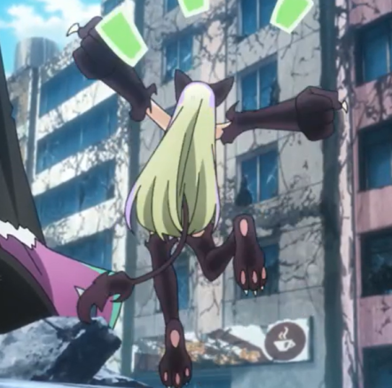 a blonde cat girl with black costume and cat ears and tail is jumping across a gap between two buildings in an urban environment. she has her back to the viewer. the background is a daytime city scene with destroyed buildings.